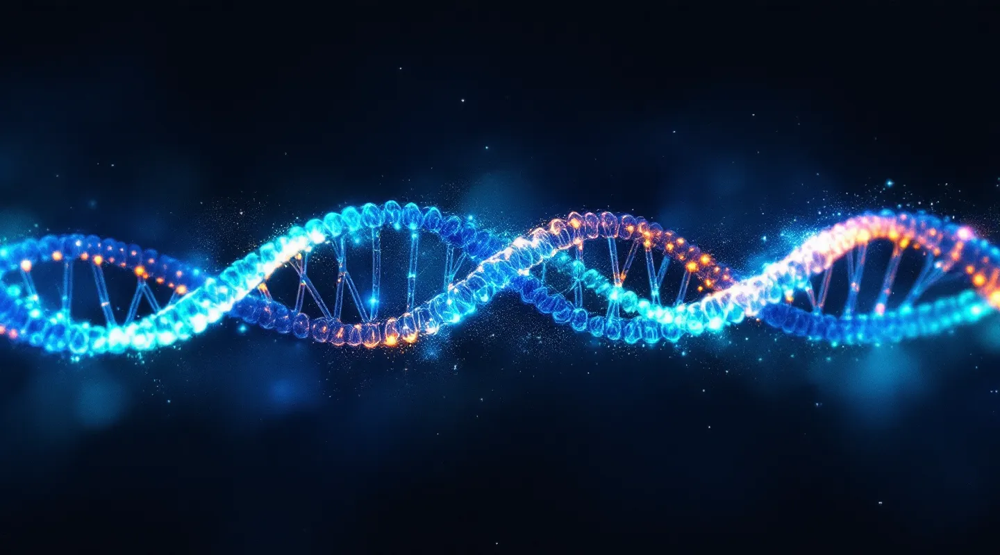 Four abstract peptide-chain ribbons braiding into a single strand against a midnight-indigo field